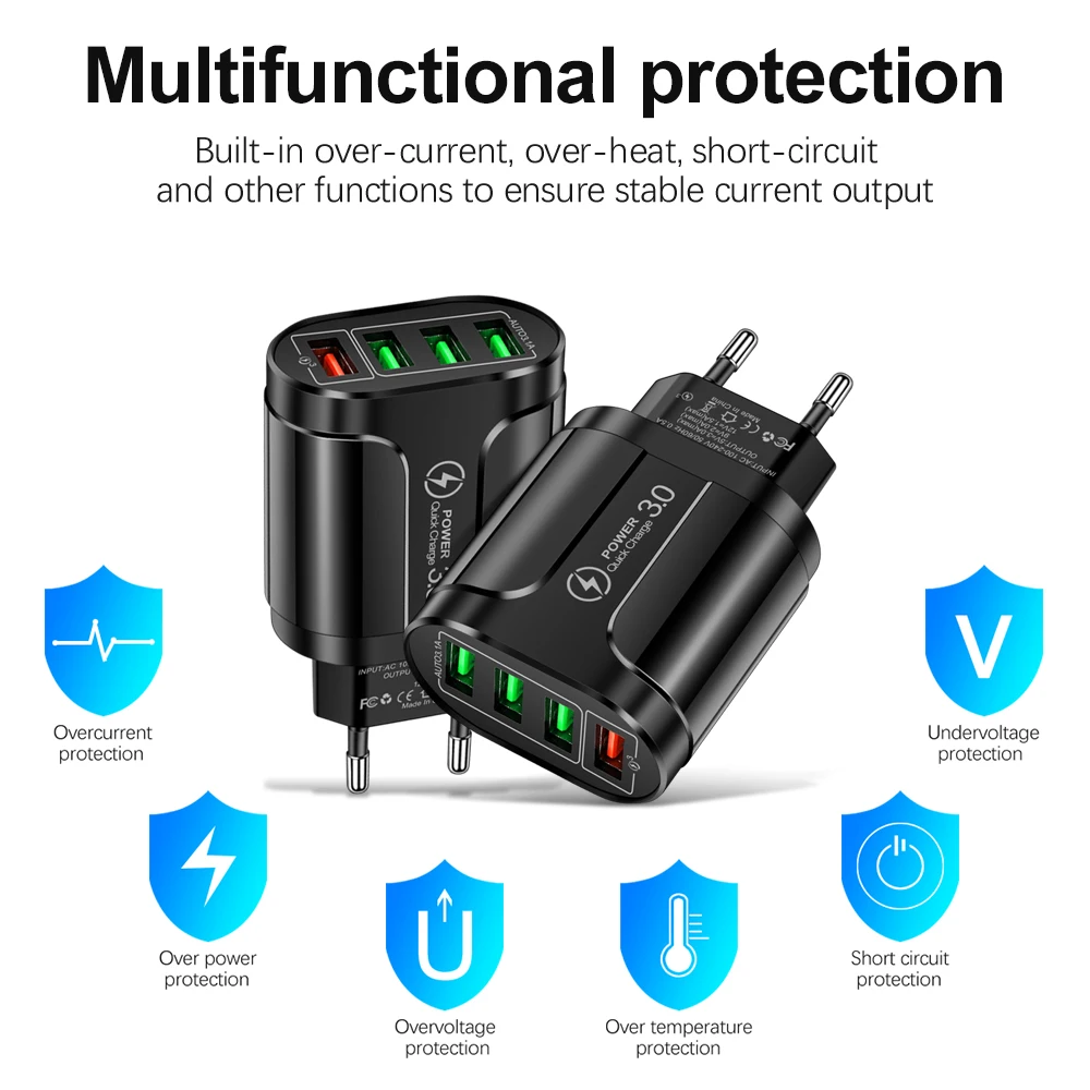 Cargador USB de carga rápida para móvil, dispositivo de carga de pared QC 3,0, 4 puertos, para iPhone 12, 11, Samsung, Xiaomi - Imagen 3