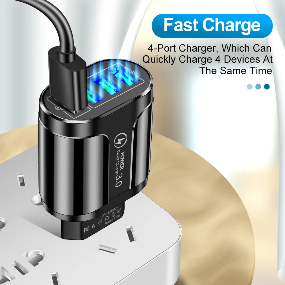Cargador USB de carga rápida para móvil, dispositivo de carga de pared QC 3,0, 4 puertos, para iPhone 12, 11, Samsung, Xiaomi - Imagen 4