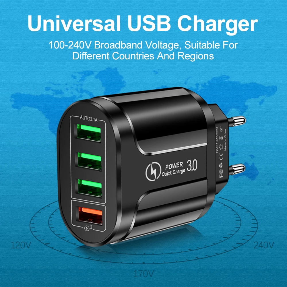 Cargador USB de carga rápida para móvil, dispositivo de carga de pared QC 3,0, 4 puertos, para iPhone 12, 11, Samsung, Xiaomi - Imagen 5