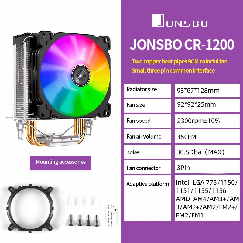 Jonsbo-enfriador de Cpu CR1200, 2 tubos de calor, procesador de torre, 3 pines, para Intel 1151, AMD, AM4, RGB - Imagen 4