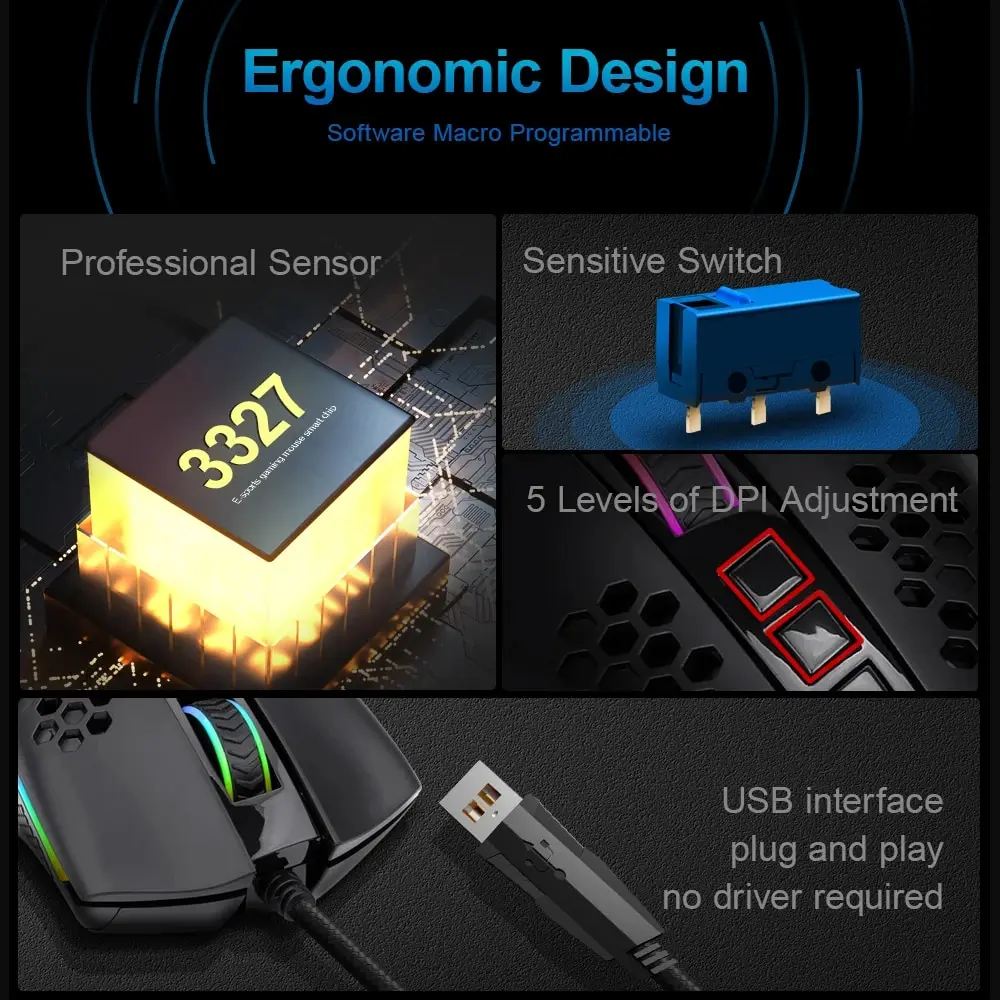 REDRAGON Storm-ratón ultraligero M808 para juegos, periférico con cable USB, RGB, en forma de panal, 12400 DP - Imagen 2