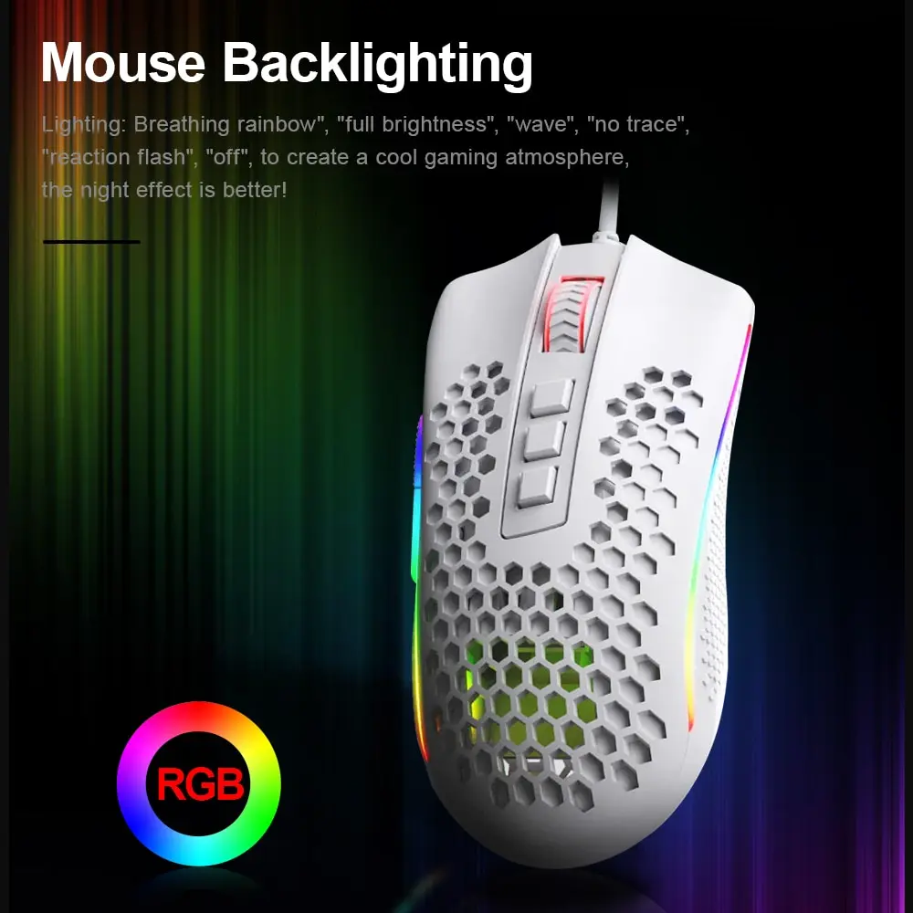 REDRAGON Storm-ratón ultraligero M808 para juegos, periférico con cable USB, RGB, en forma de panal, 12400 DP - Imagen 3