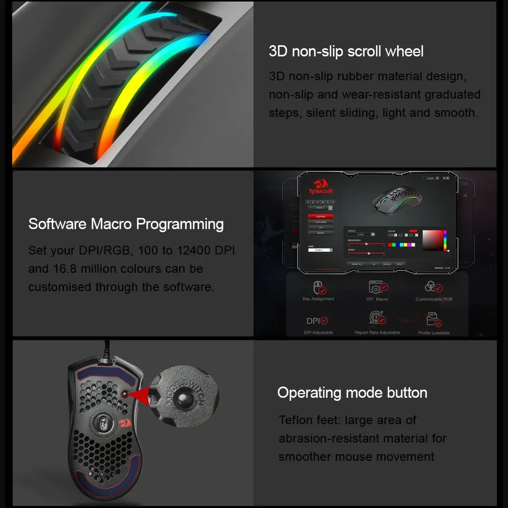 REDRAGON Storm-ratón ultraligero M808 para juegos, periférico con cable USB, RGB, en forma de panal, 12400 DP - Imagen 5