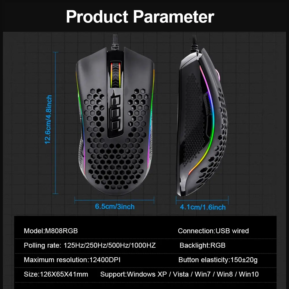 REDRAGON Storm-ratón ultraligero M808 para juegos, periférico con cable USB, RGB, en forma de panal, 12400 DP - Imagen 6