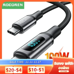 Rocoren-Cable USB tipo C de carga rápida para móvil, cargador de carga rápida para Xiaomi, POCO y Samsung, pantalla LED de 100W, 5A