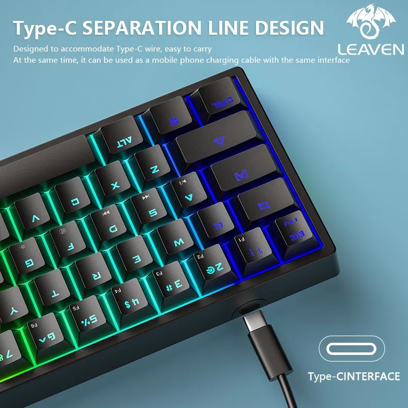 Teclado mecánico con cable LEAVEN K620, 61 teclas, luces RGB, eje verde, ESports, Accesorios para ordenador con personalidad de oficina - Imagen 4