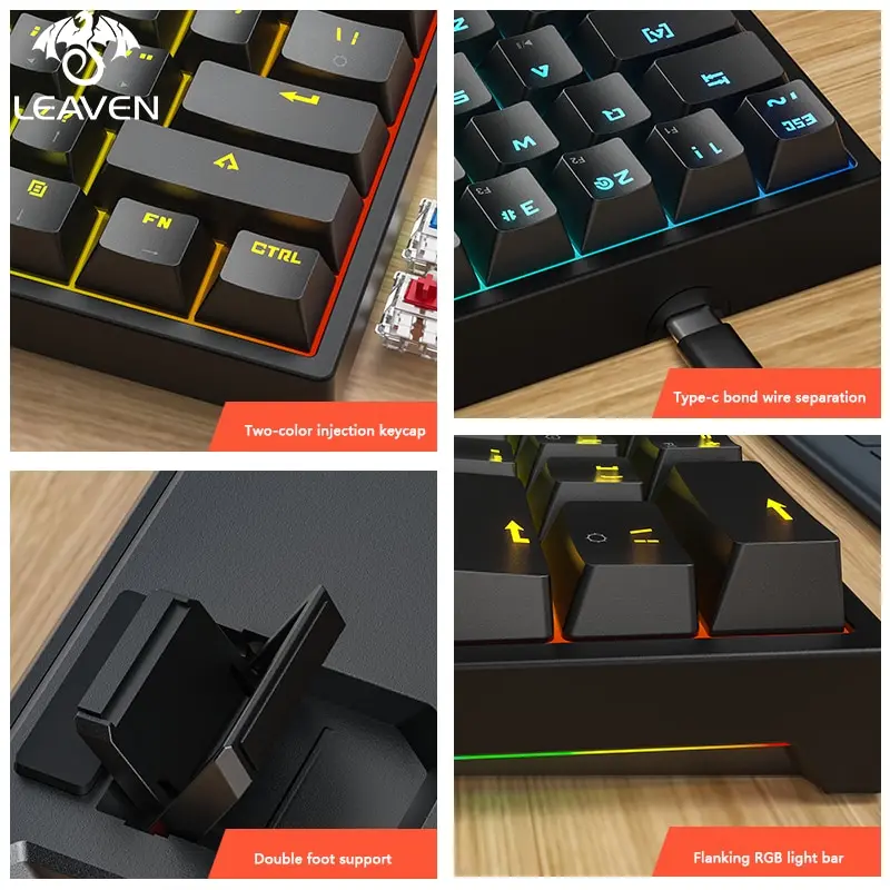 Teclado mecánico con cable LEAVEN K620, 61 teclas, luces RGB, eje verde, ESports, Accesorios para ordenador con personalidad de oficina - Imagen 5