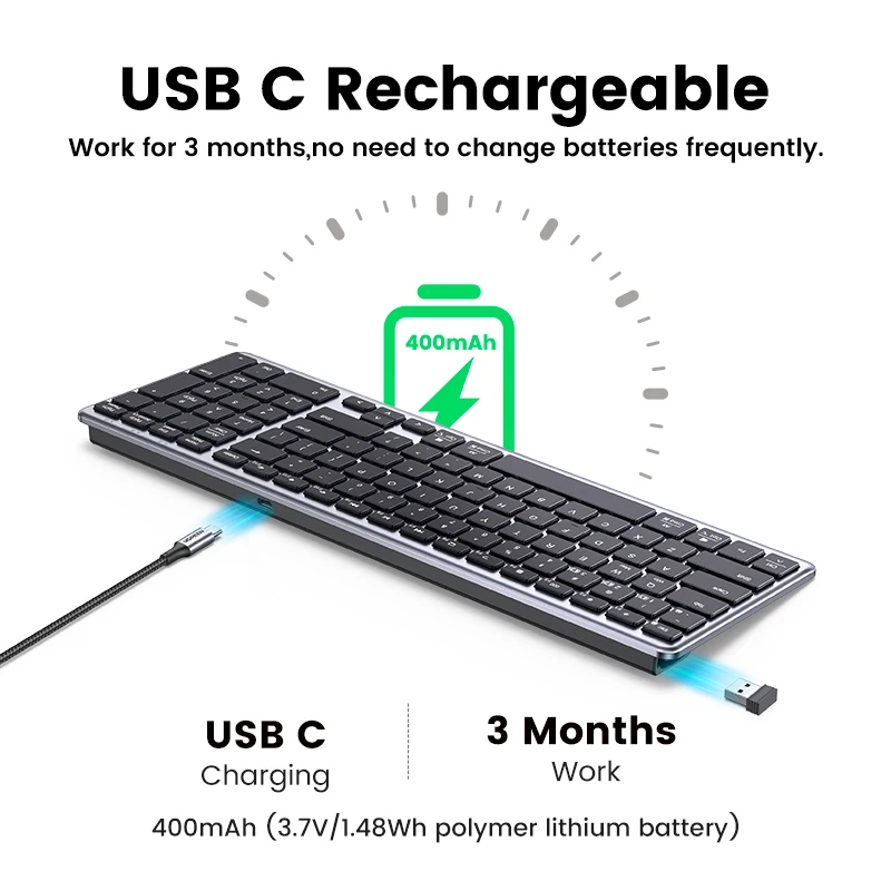 UGREEN-teclado inalámbrico con Bluetooth 5,0, 2,4G, ruso/coreano/EN 99 teclas, para MacBook, iPad, PC, tableta, recargable por USB C - Imagen 5