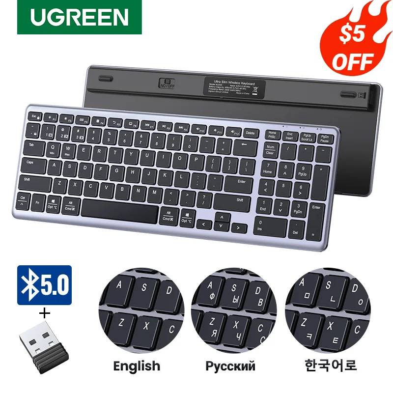 UGREEN-teclado inalámbrico con Bluetooth 5,0, 2,4G, ruso/coreano/EN 99 teclas, para MacBook, iPad, PC, tableta, recargable por USB C