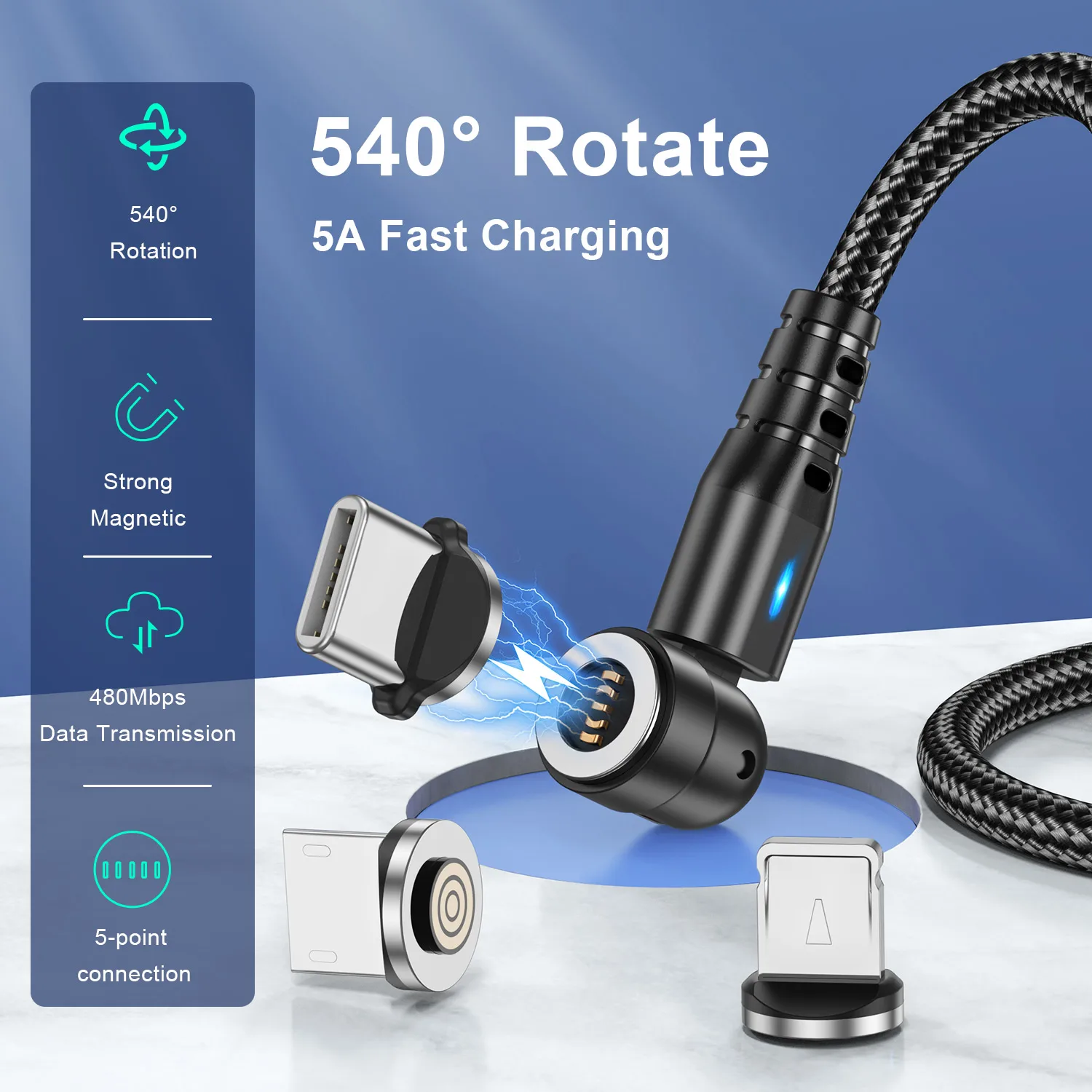 USLION-Cable magnético de carga rápida para iPhone y Xiaomi, Cable Micro USB tipo C giratorio 540, 5A - Imagen 2