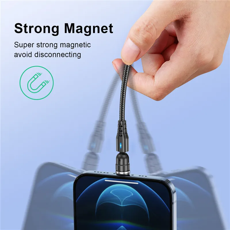 USLION-Cable magnético de carga rápida para iPhone y Xiaomi, Cable Micro USB tipo C giratorio 540, 5A - Imagen 4